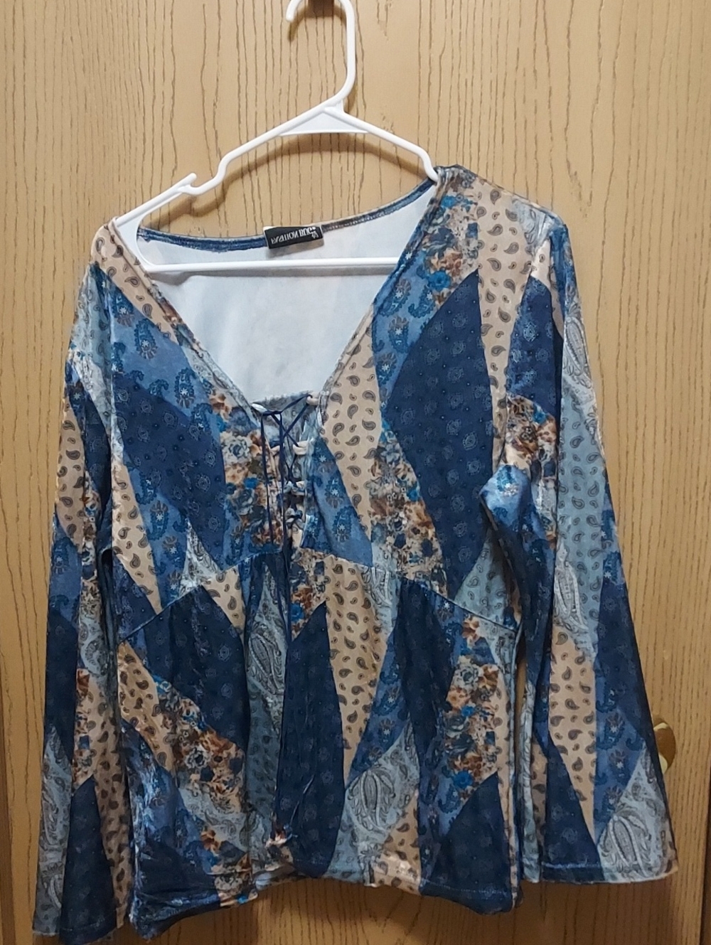 Patchwork Blue and Tan Lace-Up Peasant Top FASHION BUG XL XXL